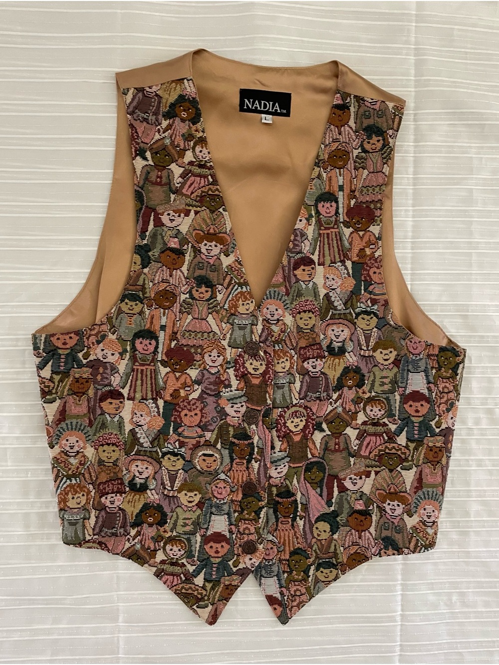 Vtg. Beige tapestry Multicolor Doll-Print Vest L cottagecore grandmacore